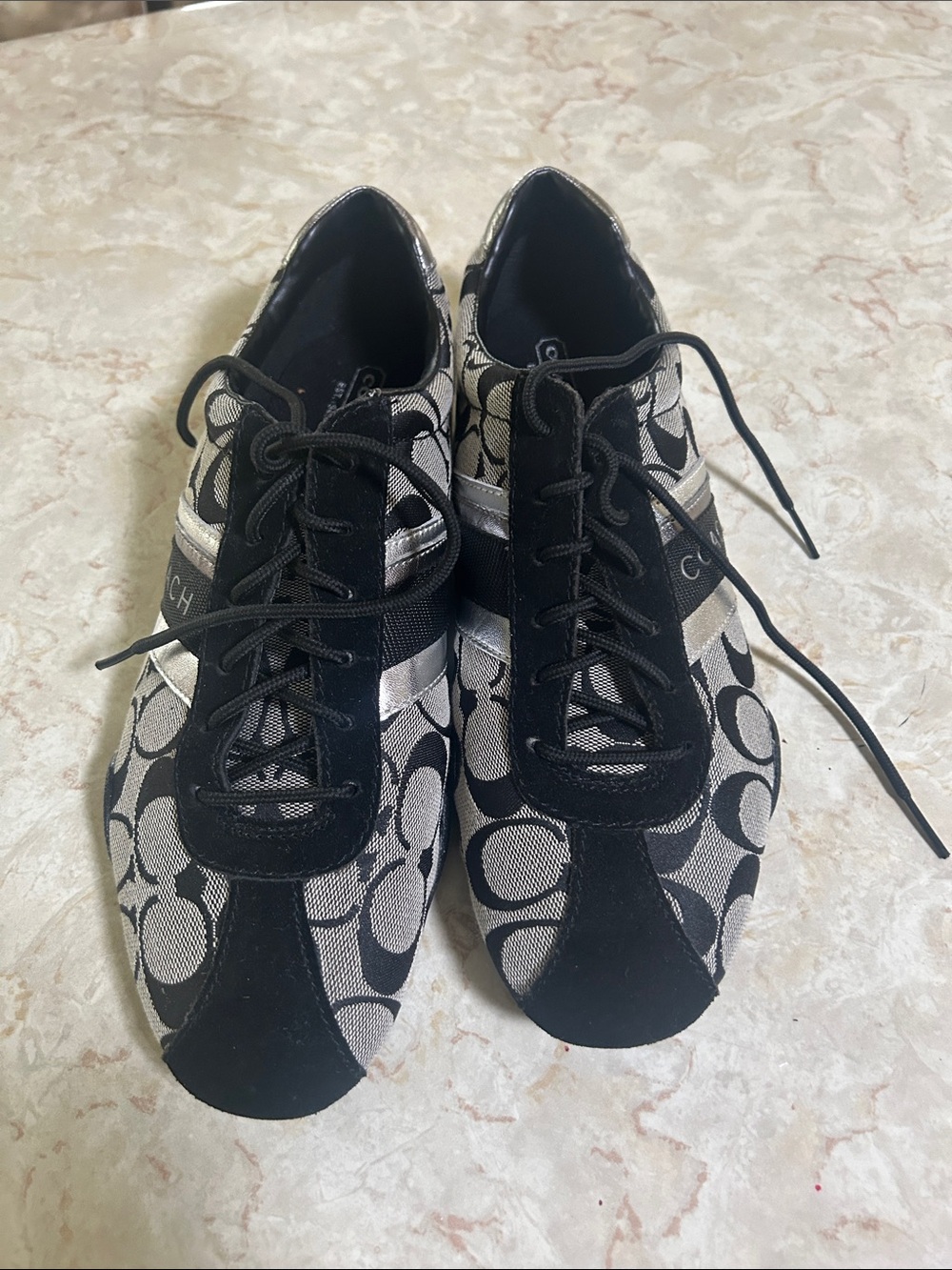 Coach Black and Silver Signature Logo Lace-Up Sneakers